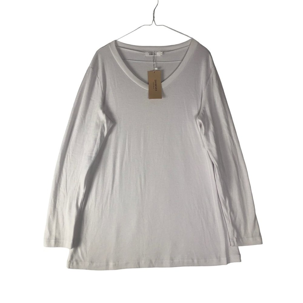 SHIBEVER Charm for you Women’s Top V neck long sleeve shirt white Large